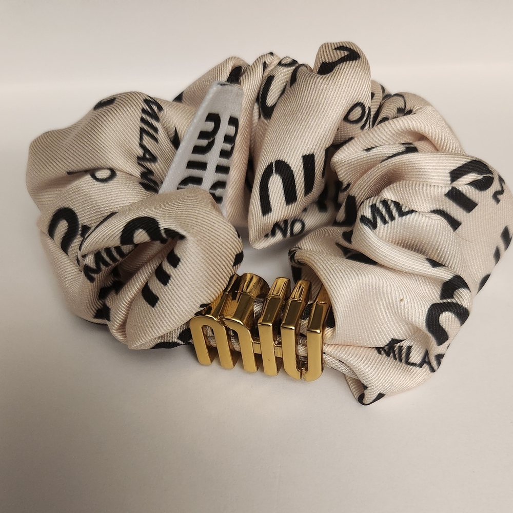 Miu Miu Logo Cream and Gold Hair Scrunchie